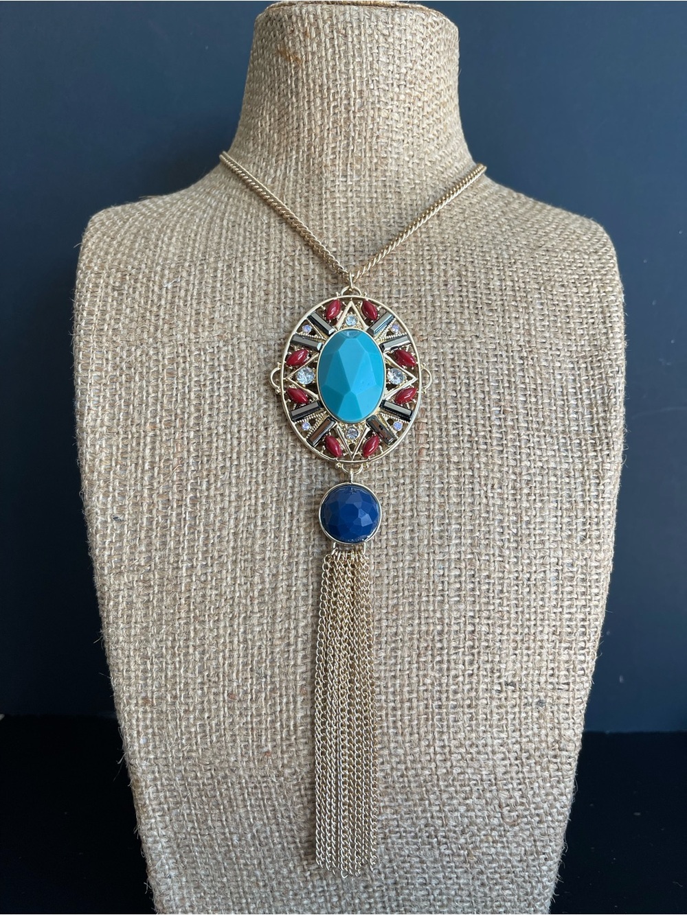Gold-Tone Turquoise & Navy Tassel Pendant Necklace